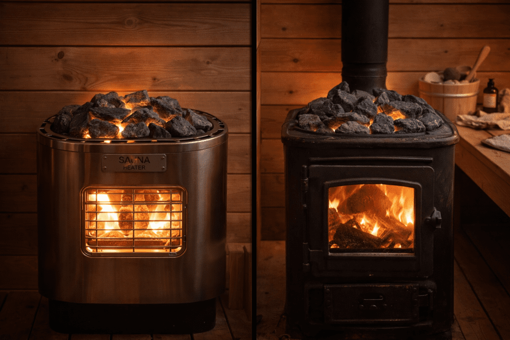 sauna heater lifespan Side-by-side comparison of electric sauna heater and traditional wood-burning stove in a cedar sauna room