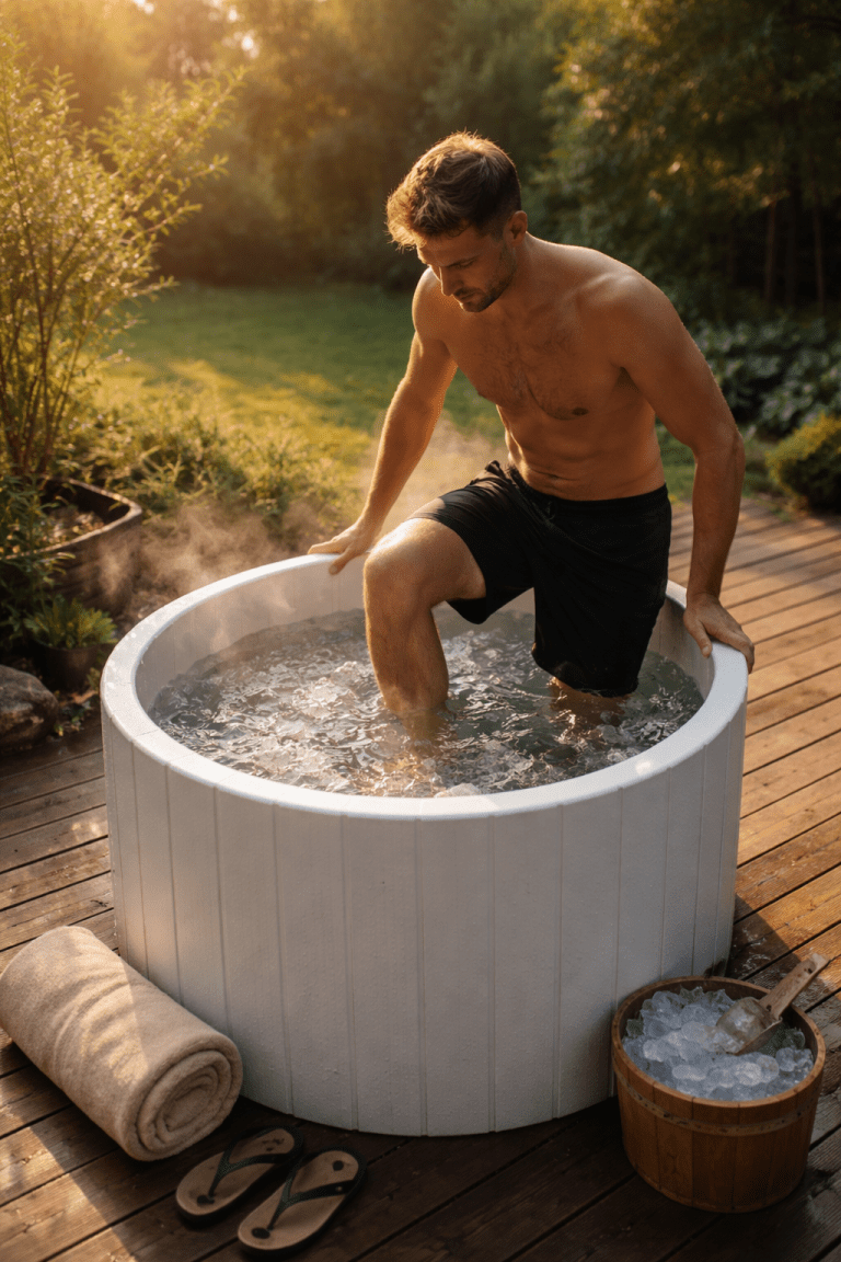 Cold plunge therapy benefits person using tub outdoors in backyard