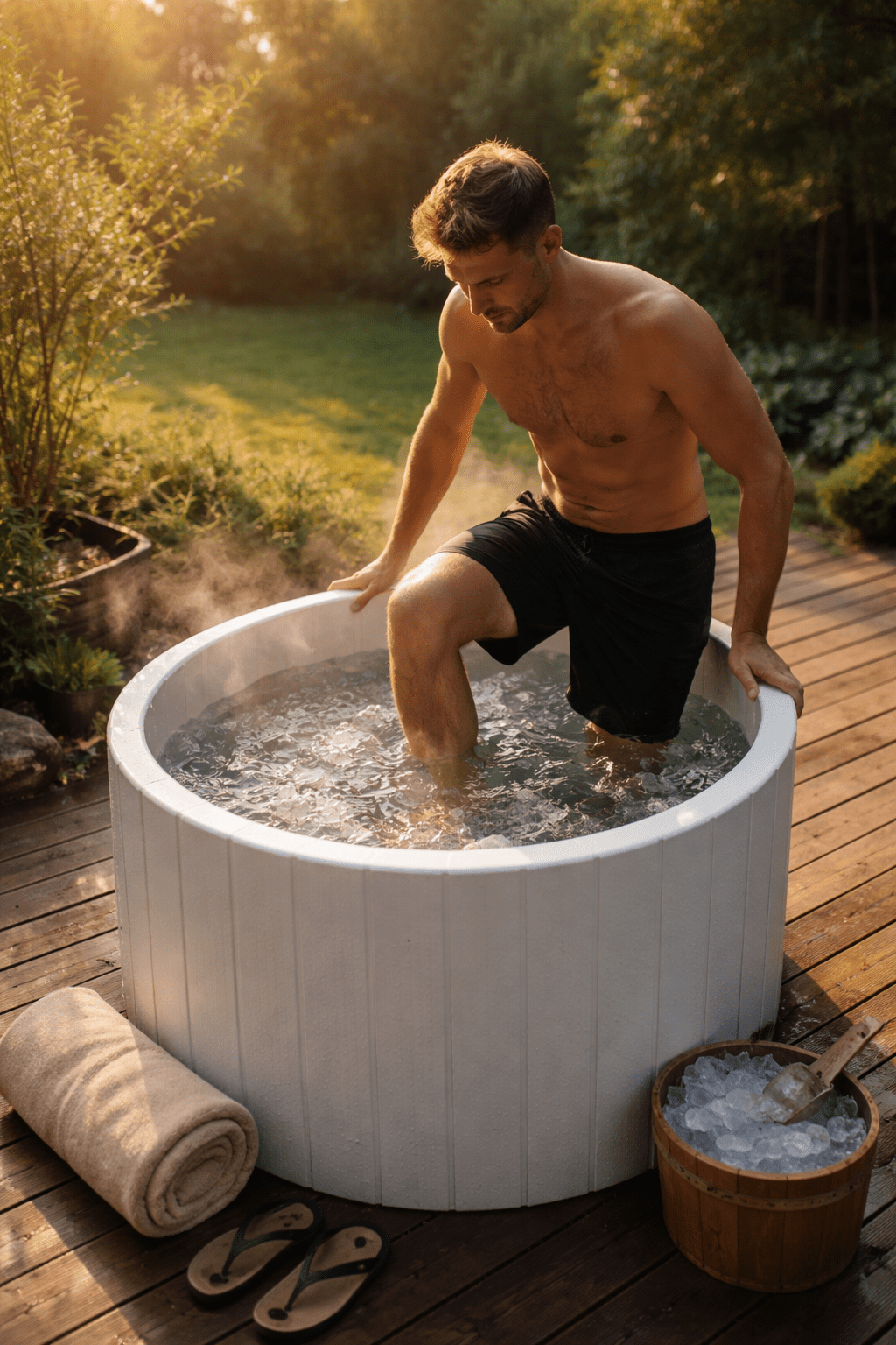 Cold plunge therapy benefits person using tub outdoors in backyard