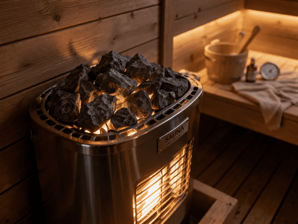 sauna heater lifespan  Close-up of a glowing sauna heater with stones, warm amber lighting inside a wooden sauna cabin