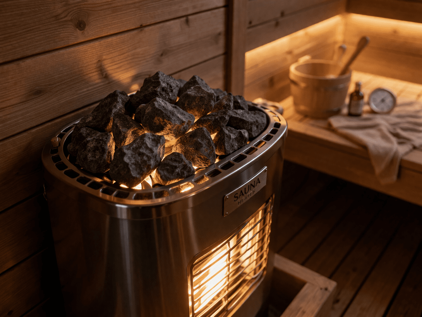 Close-up of a glowing sauna heater with stones, warm amber lighting inside a wooden sauna cabin
