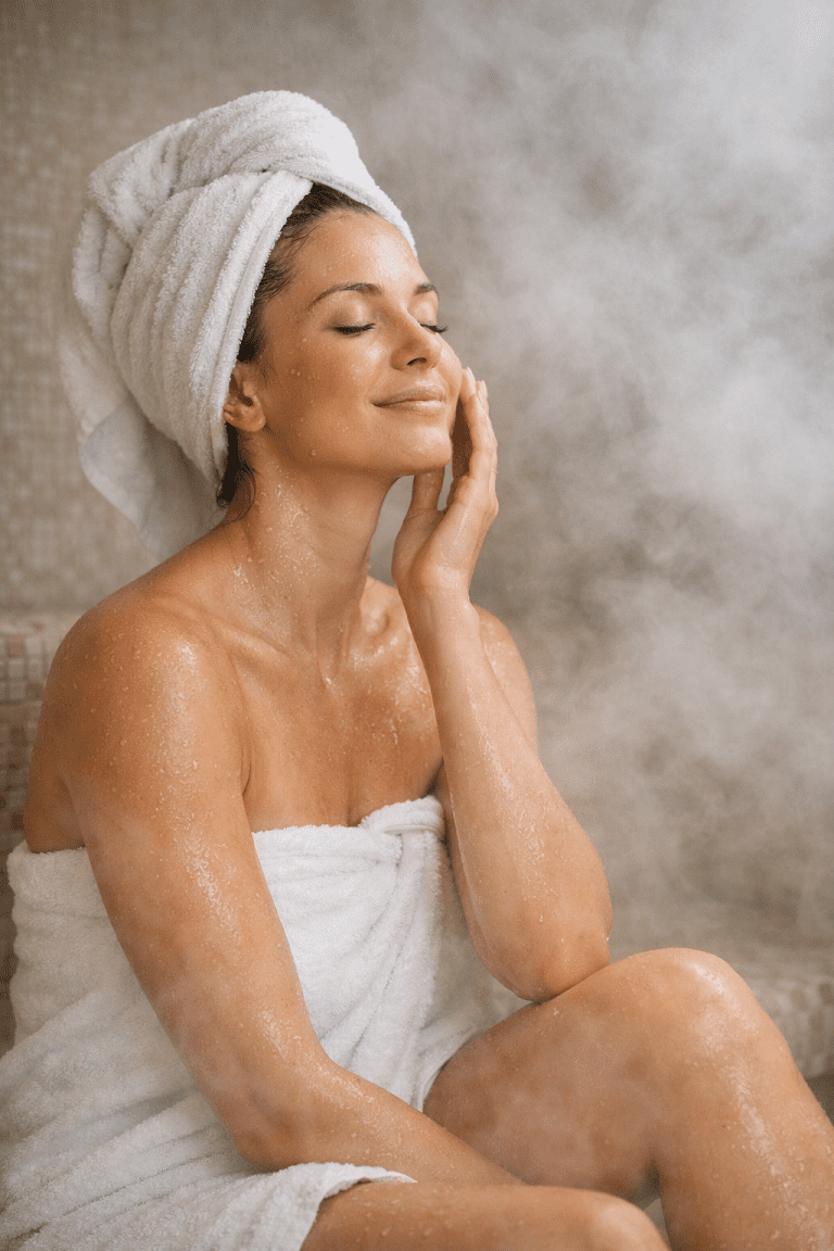 Are steam rooms good for skin-woman relaxing in steam room