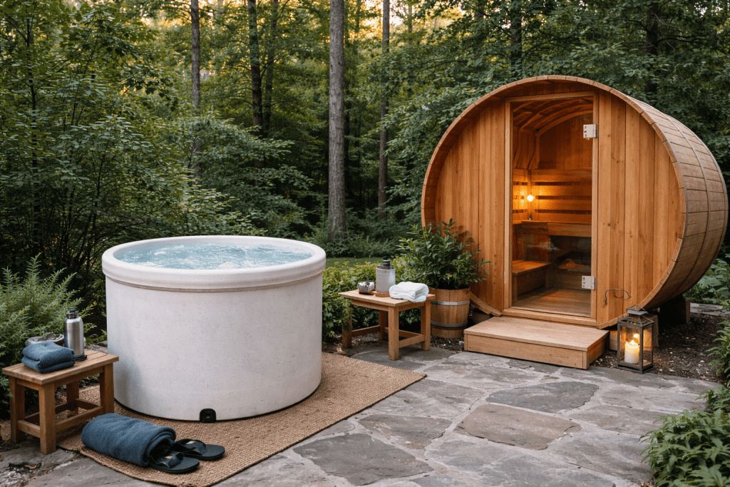 Does Cold plunging improve circulation- Side-by-side view of a cold plunge unit and a barrel sauna in an outdoor wellness space 