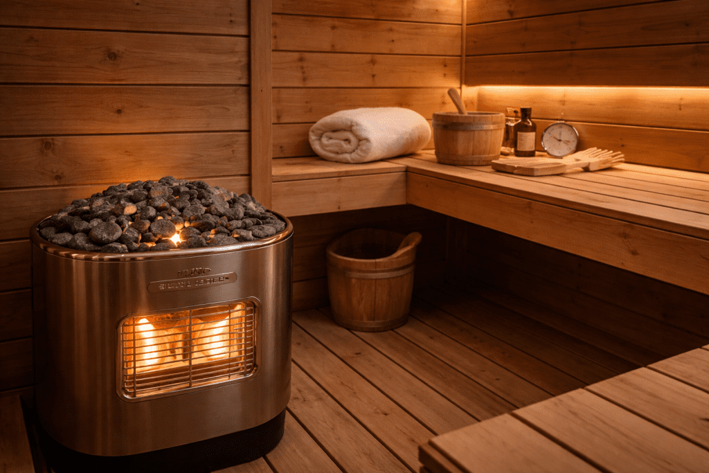 sauna heater lifespan Well-maintained home sauna interior with a premium electric heater, fresh sauna stones, and cedar paneling glowing in warm light