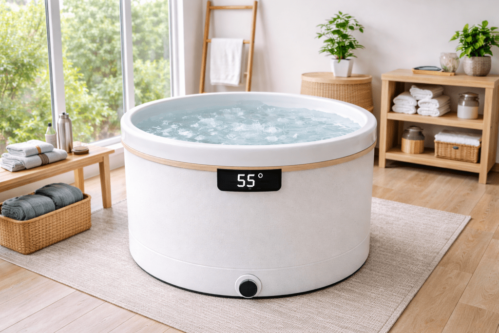 Does cold plunging improve circulation- Premium cold plunge tub with digital temperature display set to 55°F in a clean home wellness space 