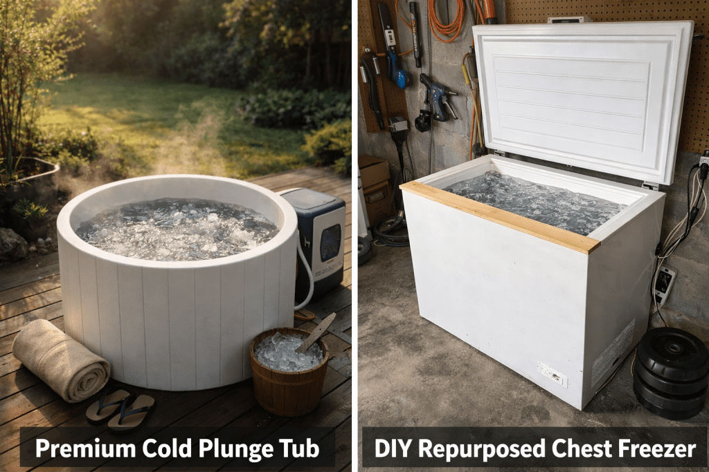Cold plunge therrapy benefits -premium cold plunge tub vs DIY chest freezer comparison