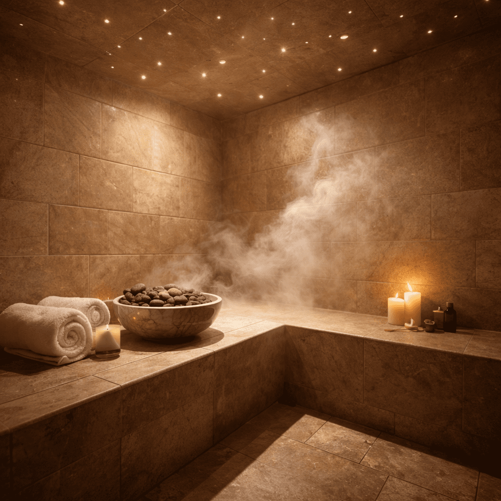 steam room good for skin — warm interior with rising steam