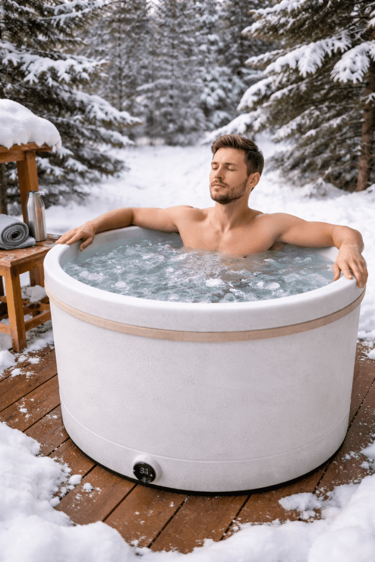 Person sitting in an outdoor ice plunge tub surrounded by snow, practicing cold water immersion for ice bath for muscle recovery