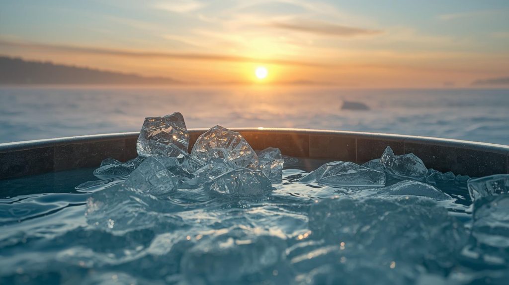 ice baths for muscle recovery filled with ice chunks at sunset-cold water immersion for muscle recovery