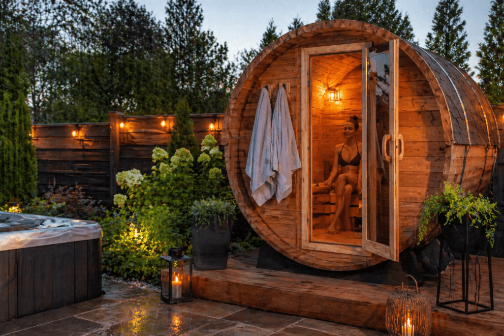 indoor vs outdoor sauna barrell sauna at dusk