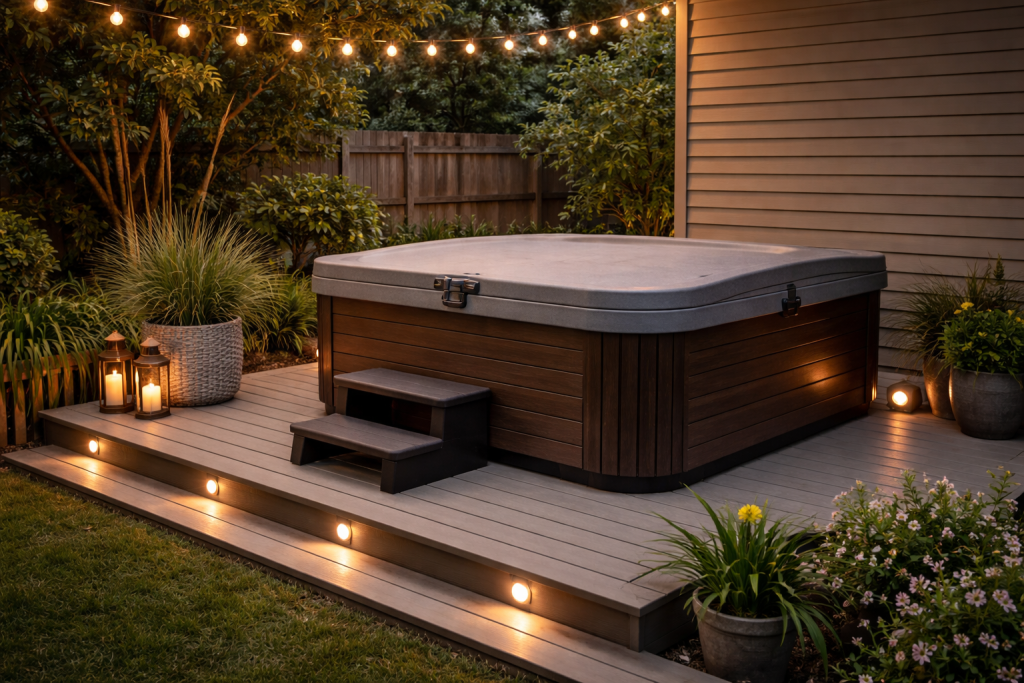 hot tub installation cost guide — finished backyard hot tub with cover and surrounding deck at dusk"