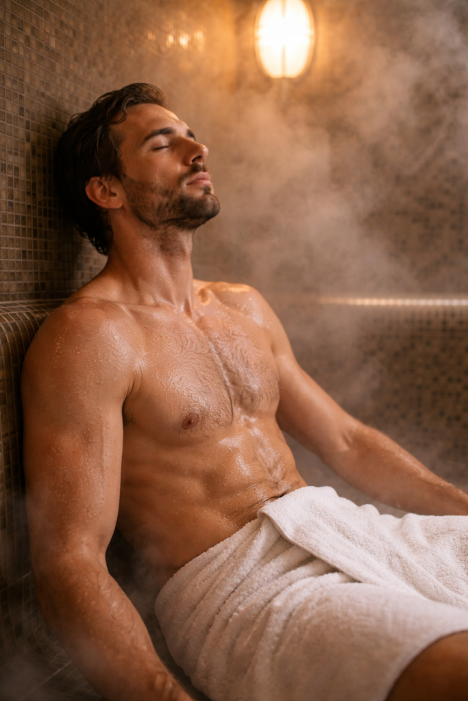 do steam rooms burn calories — person relaxing in tiled steam room