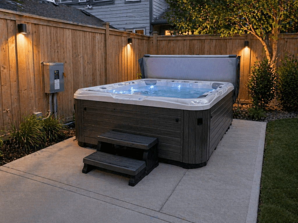  240V hot tub installation with electrician and backyard setup