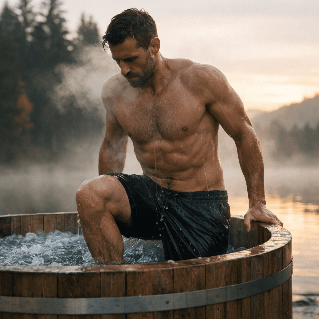 man getting out of ice bath cold plunge therapy