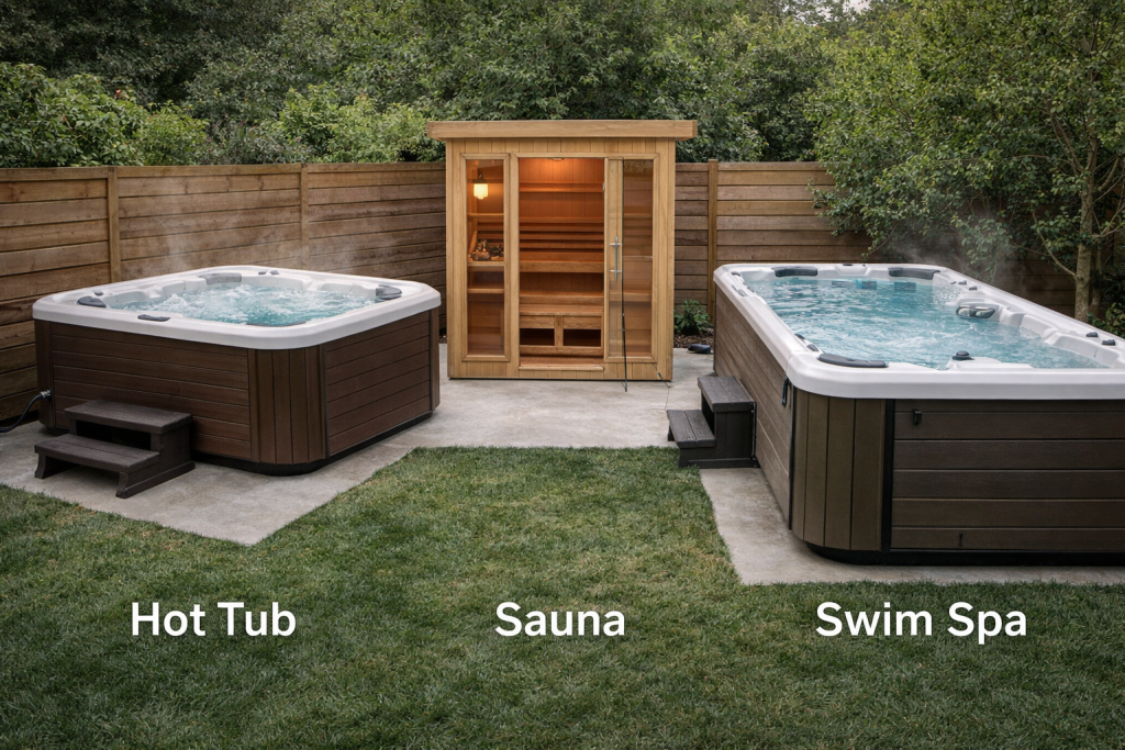 comparing hot tub installation cost to sauna and swim spa in a backyard wellness setup"