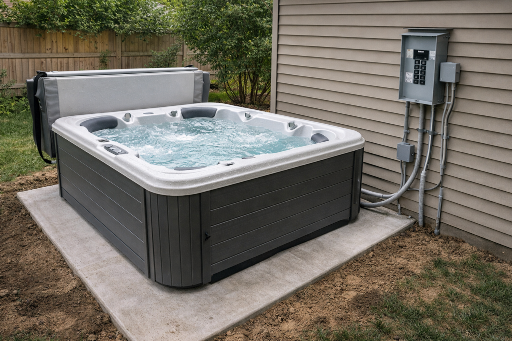 hot tub installation cost breakdown in a backyard setting with concrete pad and electrical panel