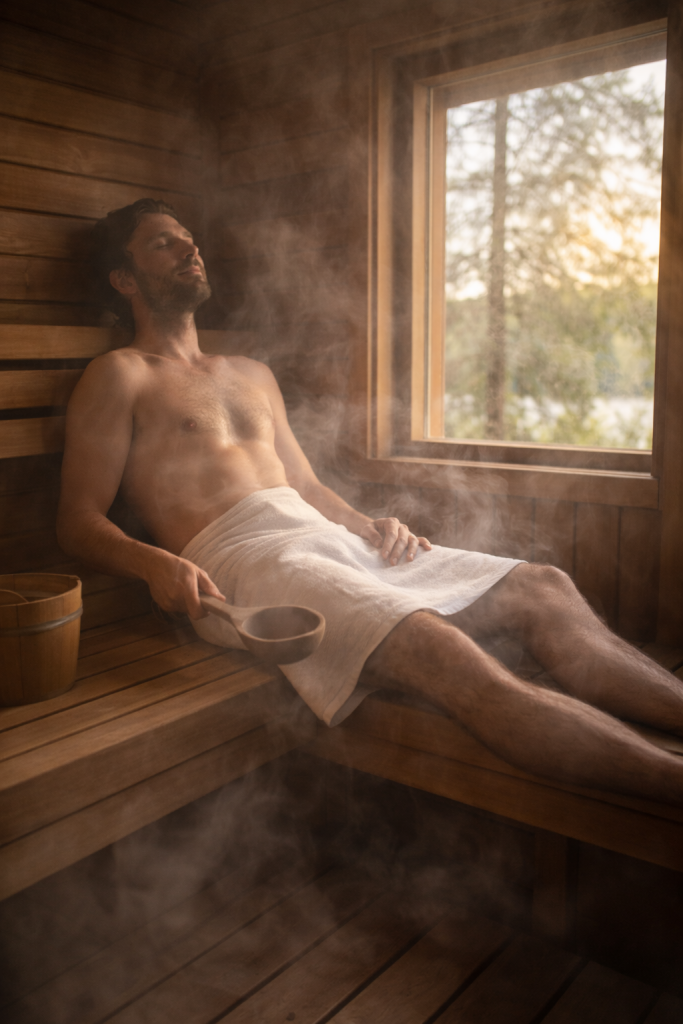 sauna heat to 180°F?  man relaxing in sauna