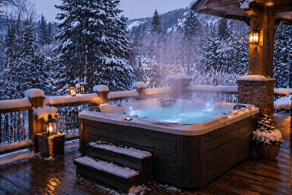  outdoor hot tub installation on reinforced deck on reinforced deck with privacy screening