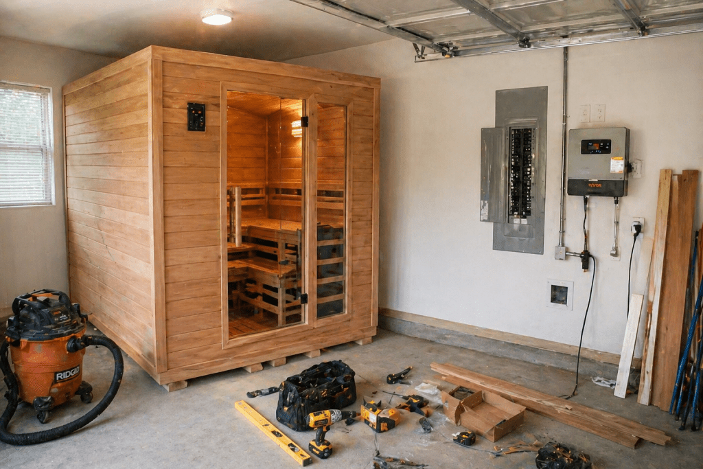  garage sauna installation setup with prefab unit and electrical panel can you put a sauna in a garage