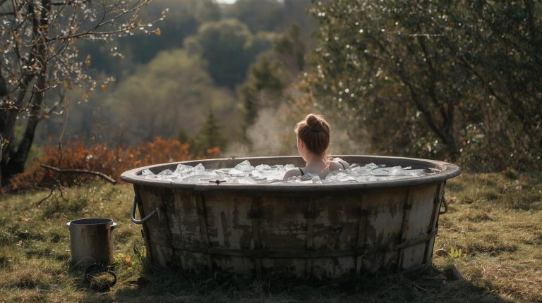 Cold plunge therapy benefits person using tub outdoors in backyard.