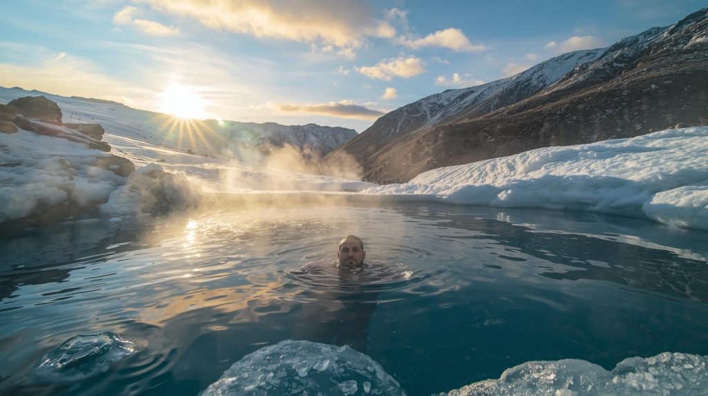 man cold plunging in frozen lake