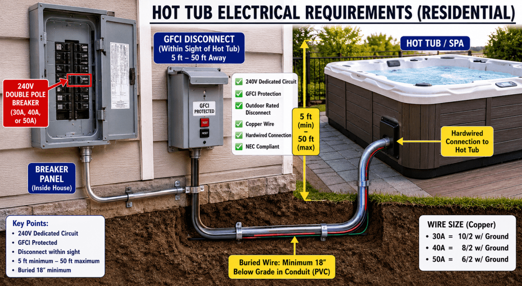 Residential hot tub electrical  requirements setup showing breaker panel, GFCI disconnect placement 5-50ft from tub, and buried wire specs