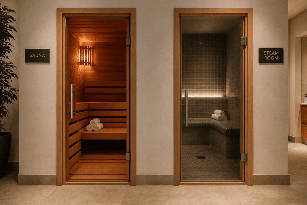  two wooden doors side by side representing a sauna and steam room entrance]