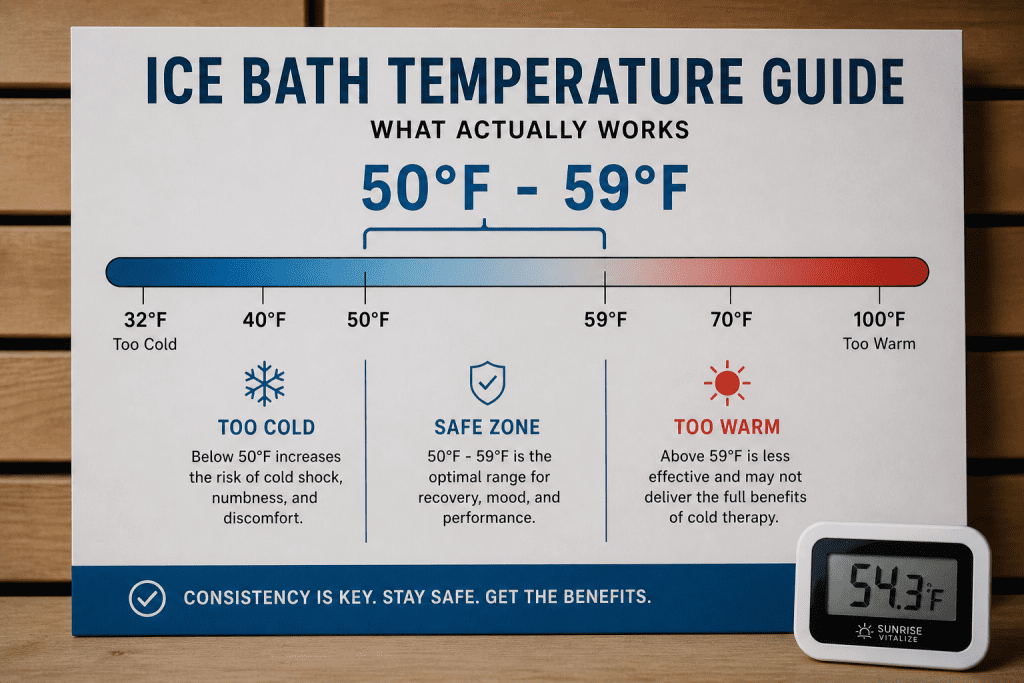 digital thermometer resting on the edge of a cold plunge tub showing water temperature