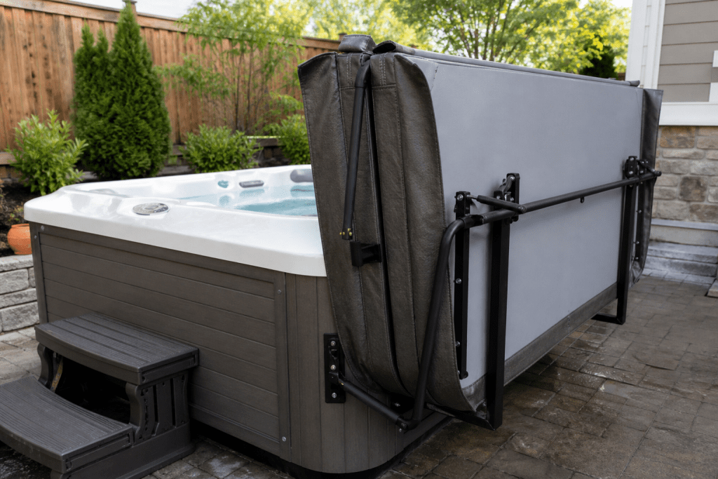  hot tub cover lifter mounted on side of outdoor spa must-have Hot Tub Accessories