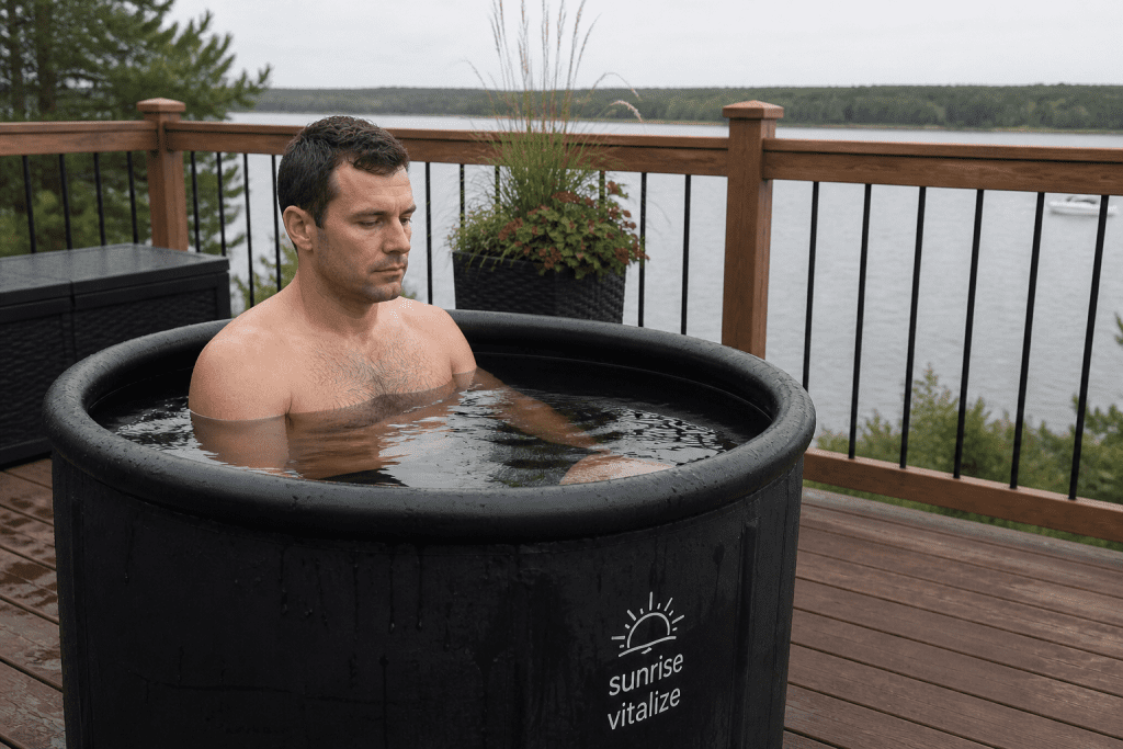 man sitting in cold plunge tub on outdoor deck during ice plunge session