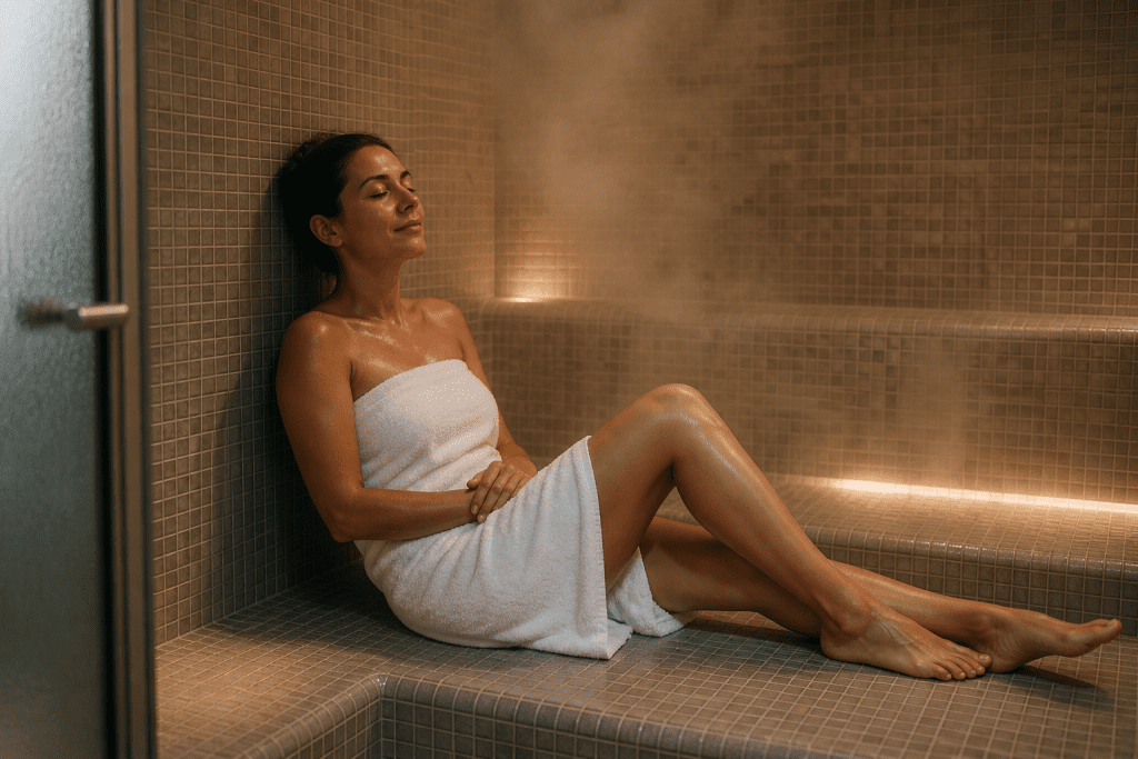  person relaxing in a home steam room with tiled walls and warm lighting