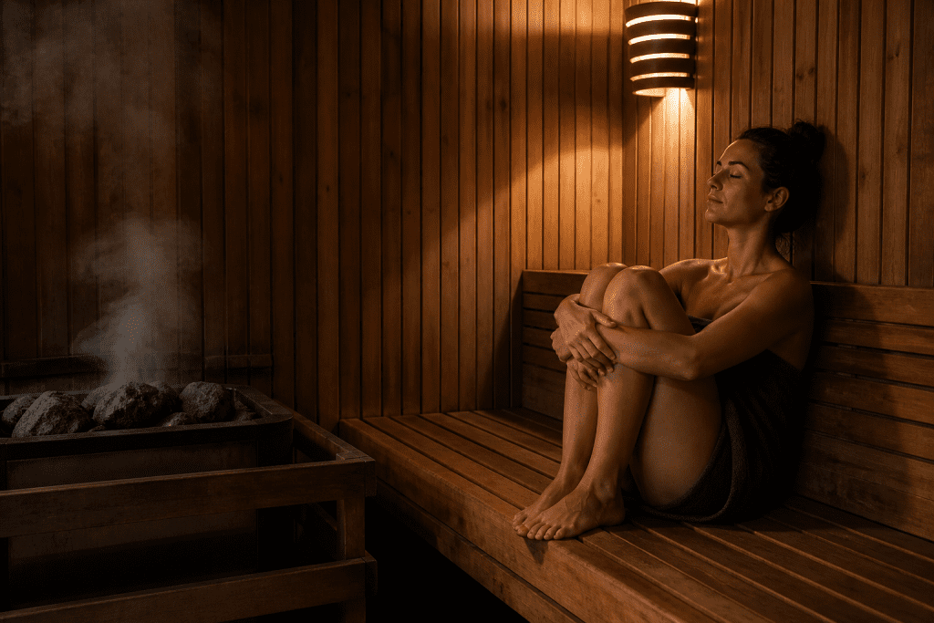 wooden indoor sauna bench with heater rocks and dim lighting