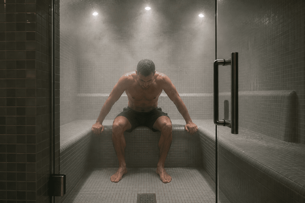 steam room interior with glass door and bench seating