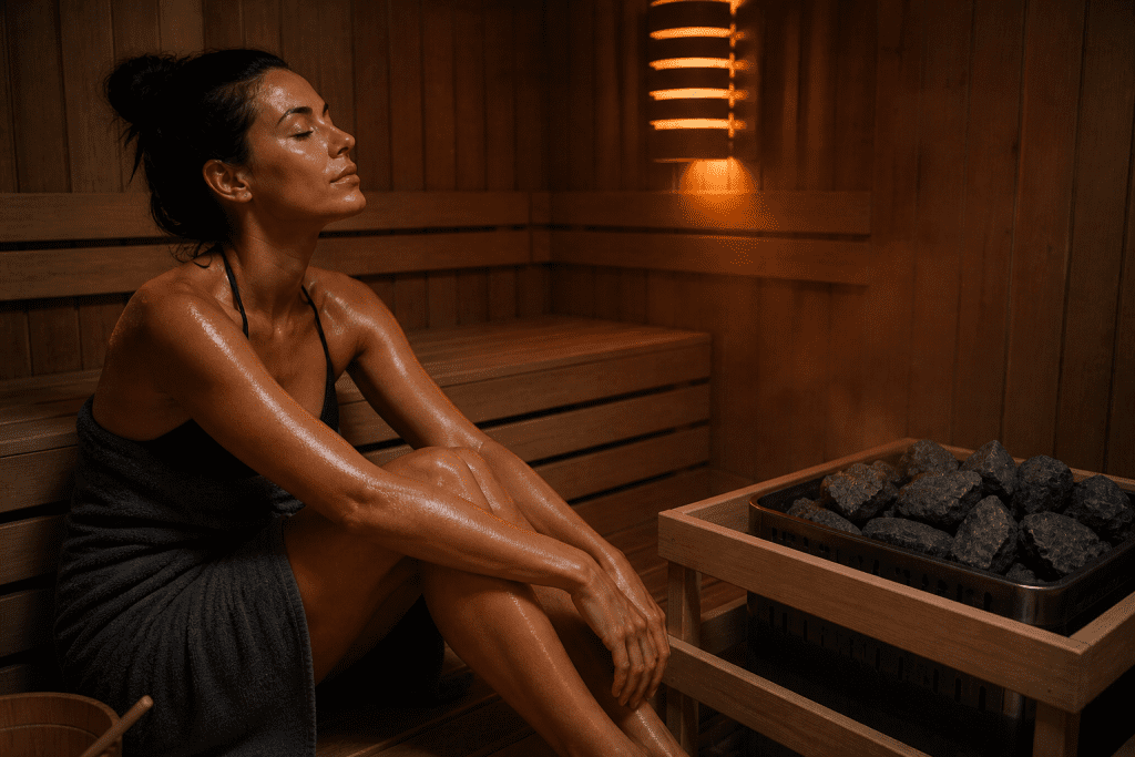 person sweating inside a wooden sauna cabin with a hot stone heater steam room vs sauna weight loss