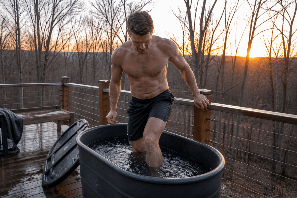  person stepping into a cold plunge tub outdoors on a wooden deck at sunset