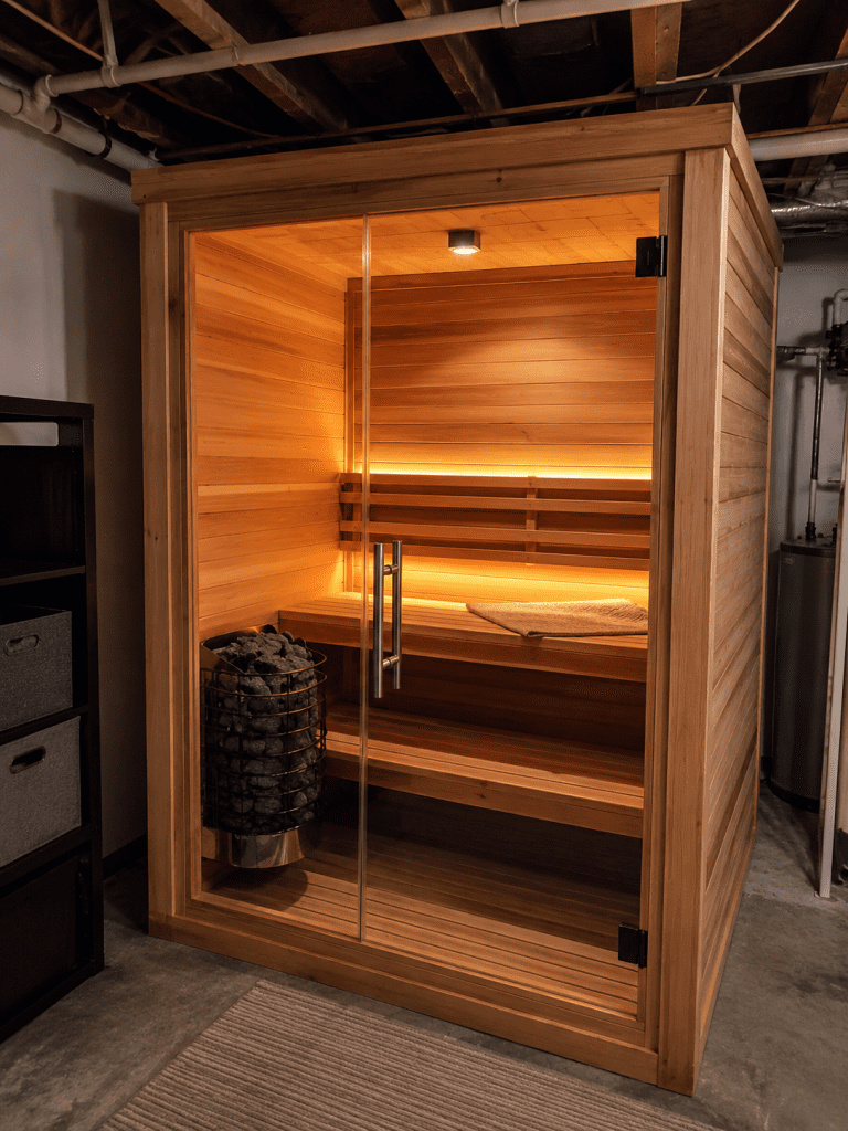 prefab indoor sauna assembled in basement corner with cedar panel walls sauna vs steam room small spaces