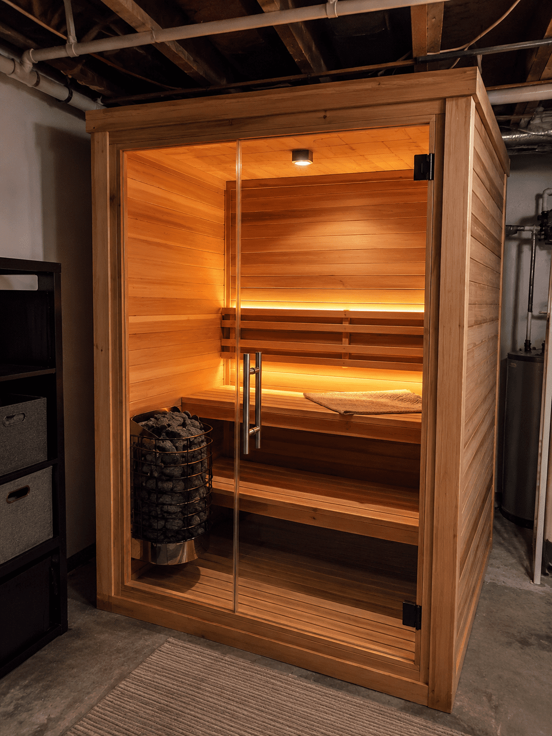 prefab indoor sauna assembled in basement corner with cedar panel walls sauna vs steam room small spaces