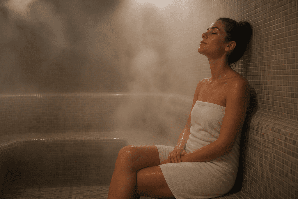 tiled steam room interior with steam rising and bench seating steam room vs sauna weight loss