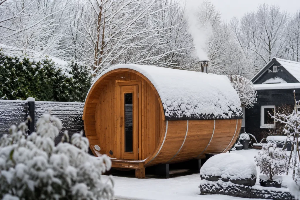  barrel sauna exterior covered in snow with steam rising from vent
