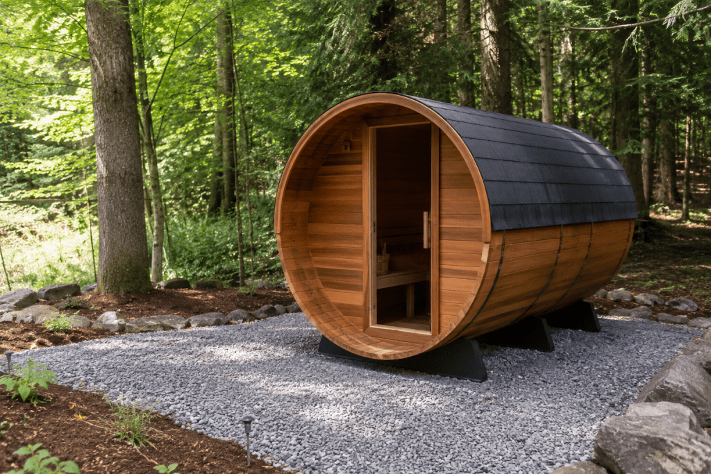  barrel sauna sitting on compacted gravel pad surrounded by trees