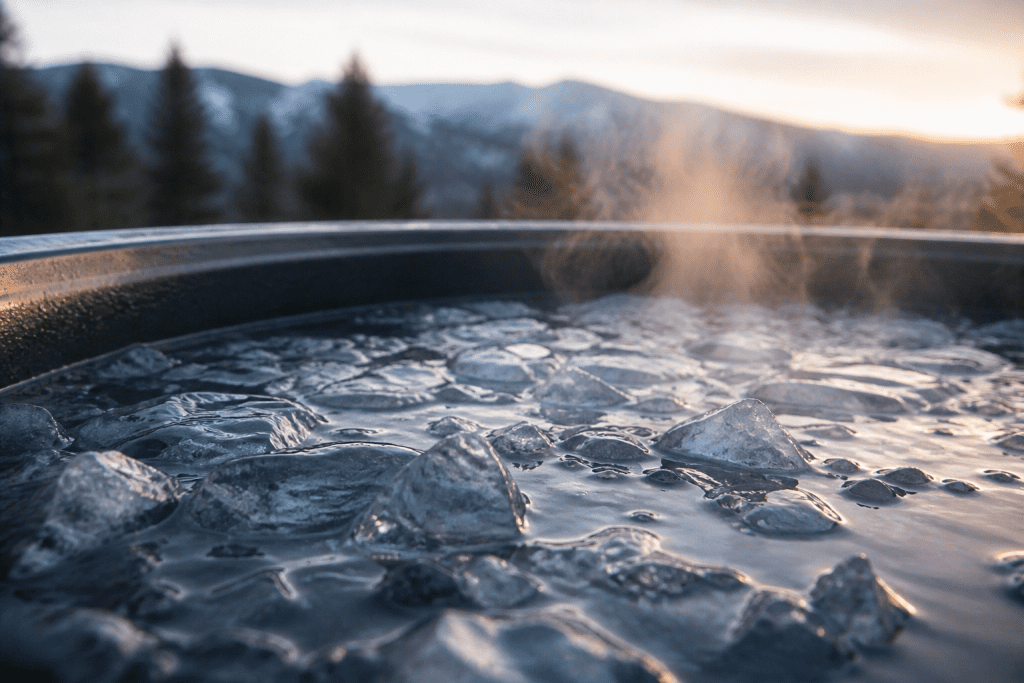 person stepping into a cold plunge tub outdoors on a wooden deck]