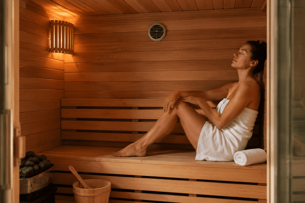  person relaxing inside a well-finished cedar indoor sauna room