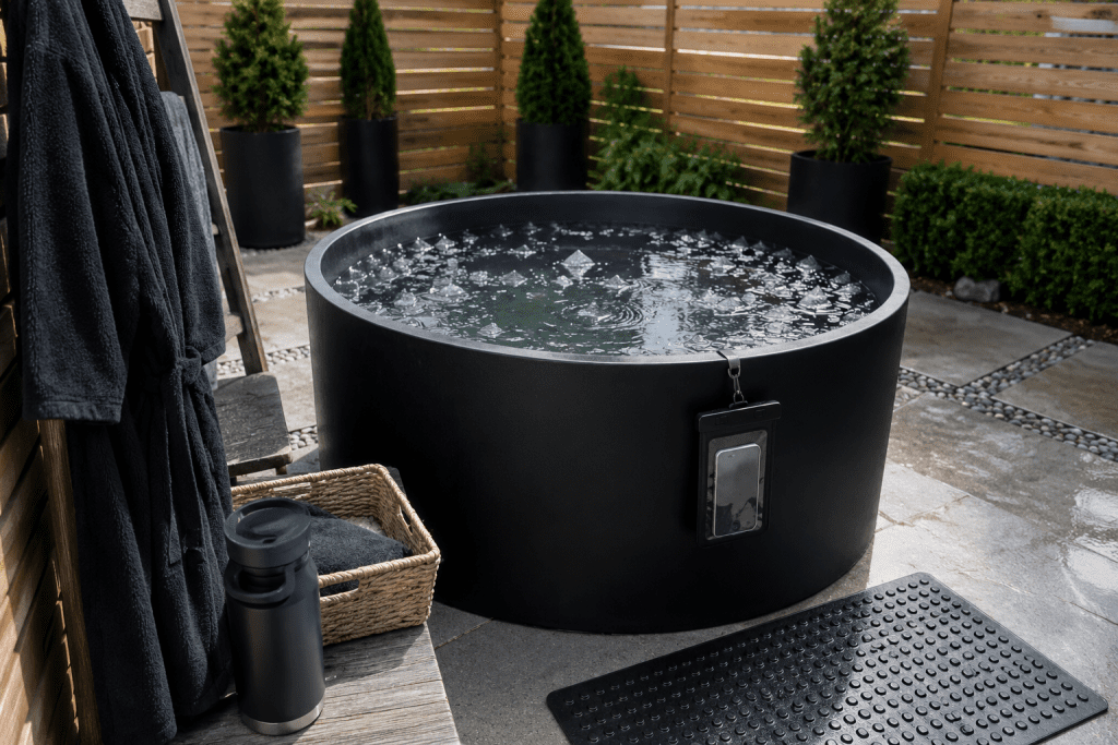 cold plunge tub set up in a backyard with safety equipment nearby solo ice bathing safety