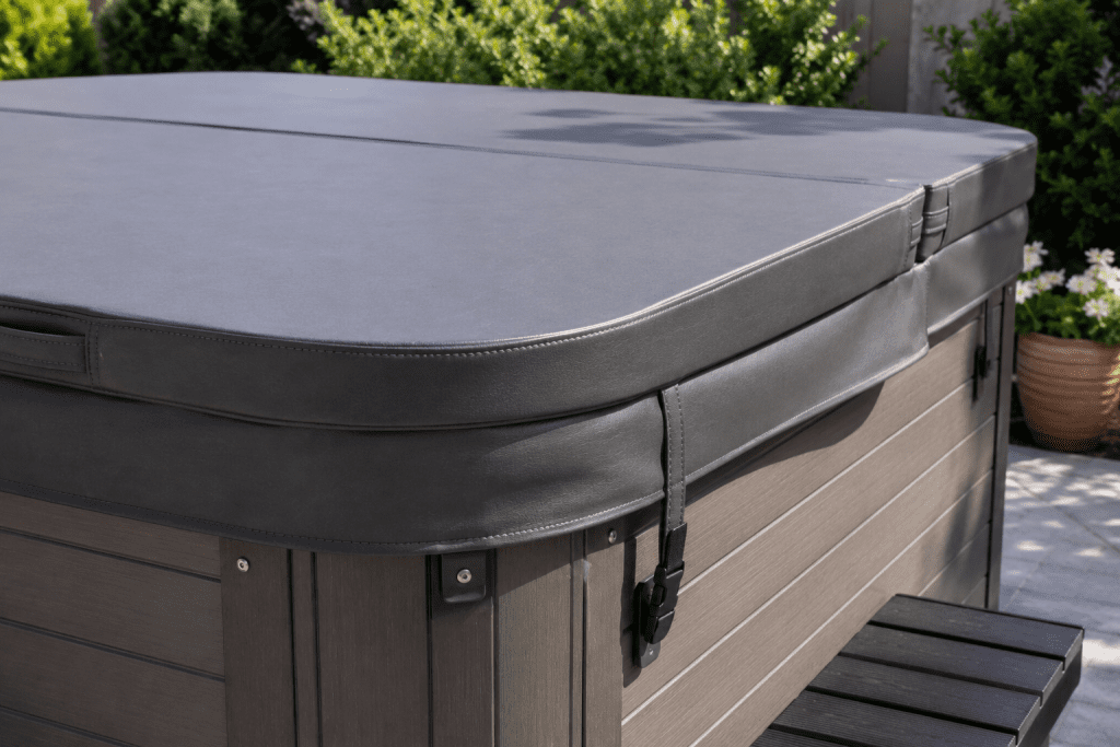 hard foam hot tub cover with locking straps on outdoor tub 