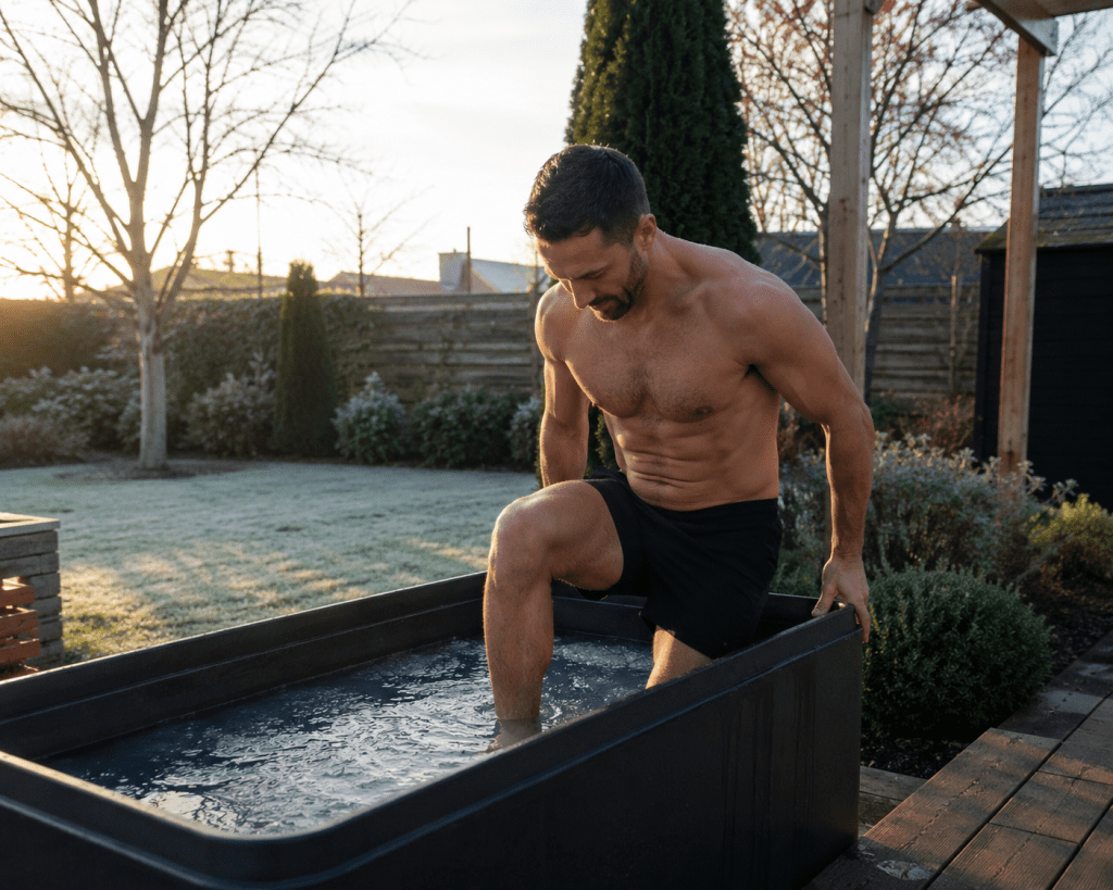 person stepping into cold plunge tub during daily cold plunging morning routine