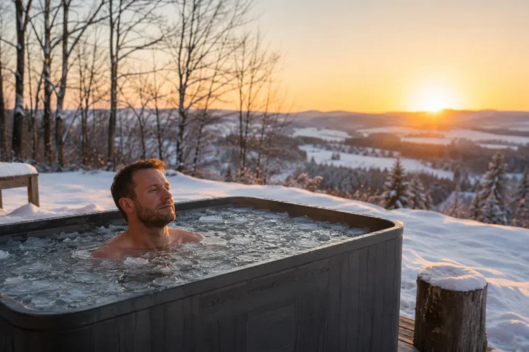 man submerged in outdoor cold plunge tub filled with ice at sunrise during daily cold plunging routine
