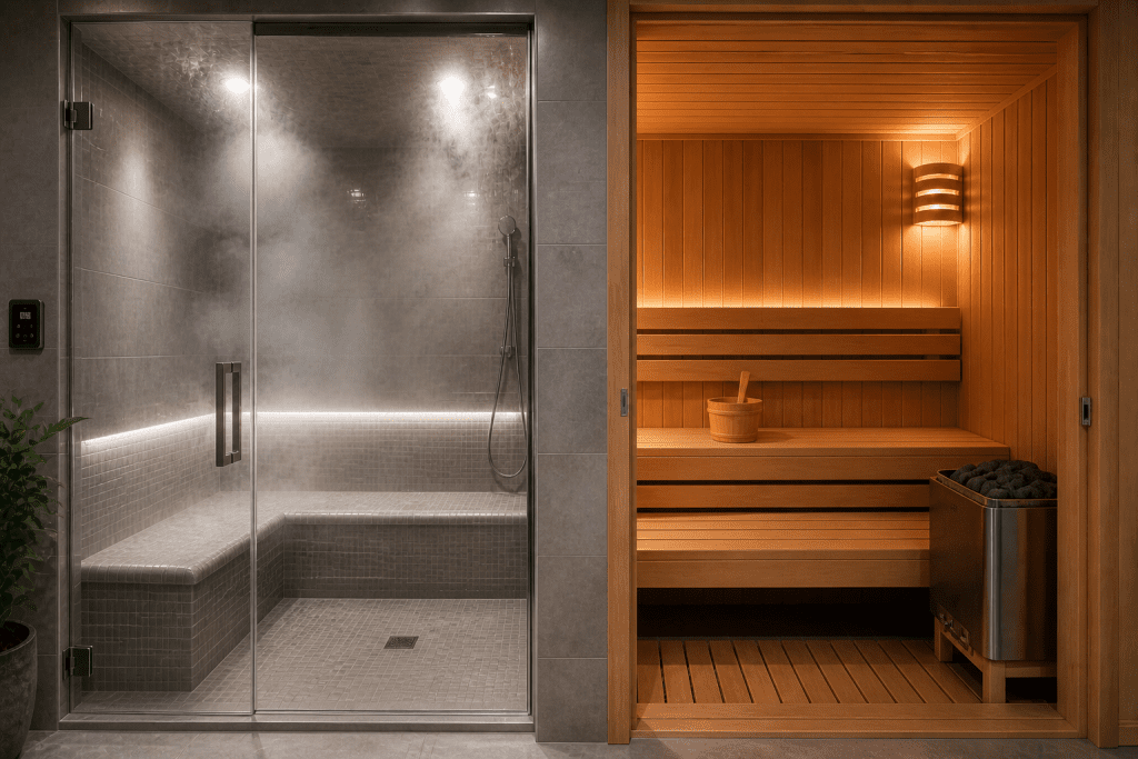 side-by-side view of a tiled steam room enclosure and a wood-lined home sauna interior steam room vs sauna cost