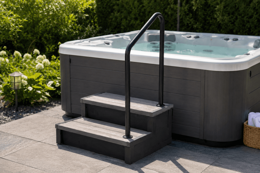 freestanding hot tub steps with handrail beside an outdoor spa