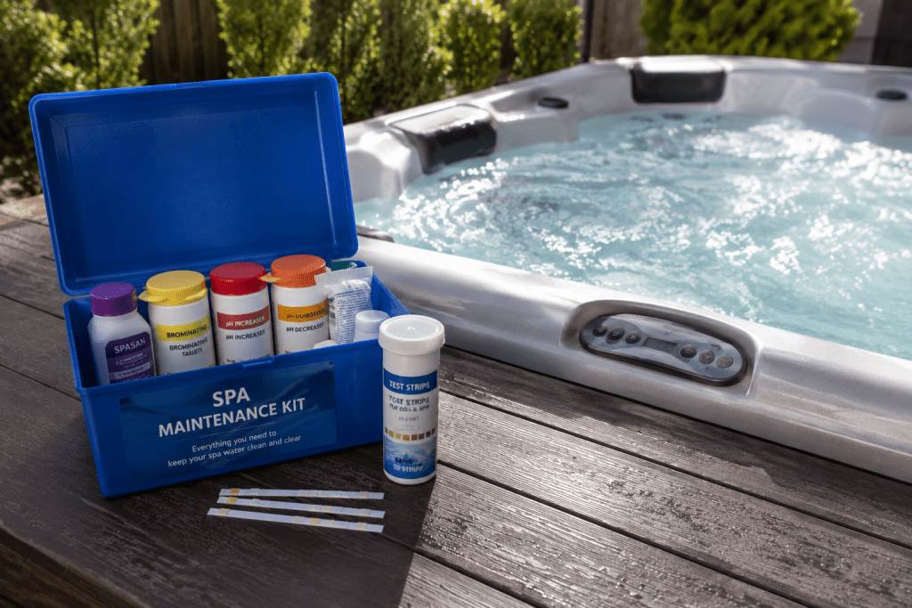 must-have hot tub accessories organised hot tub chemical maintenance kit next to outdoor spa