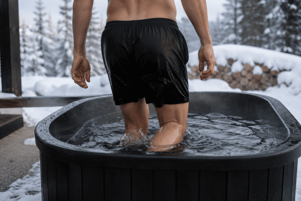 heart risks and cold exposure - person entering cold plunge tub outdoors